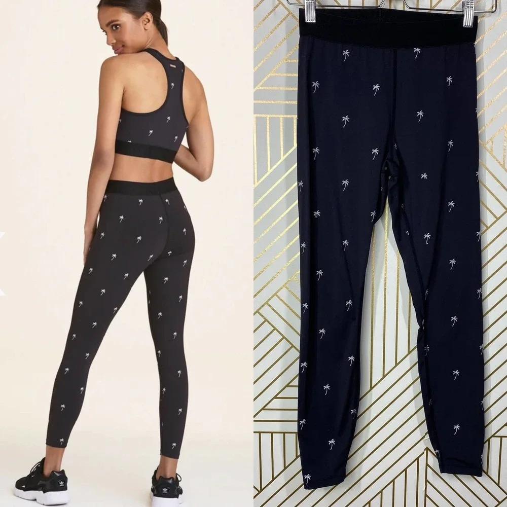 Alala Base Tight Leggings Palm Tree‎ Print Embroidered Stretch Black Size XS